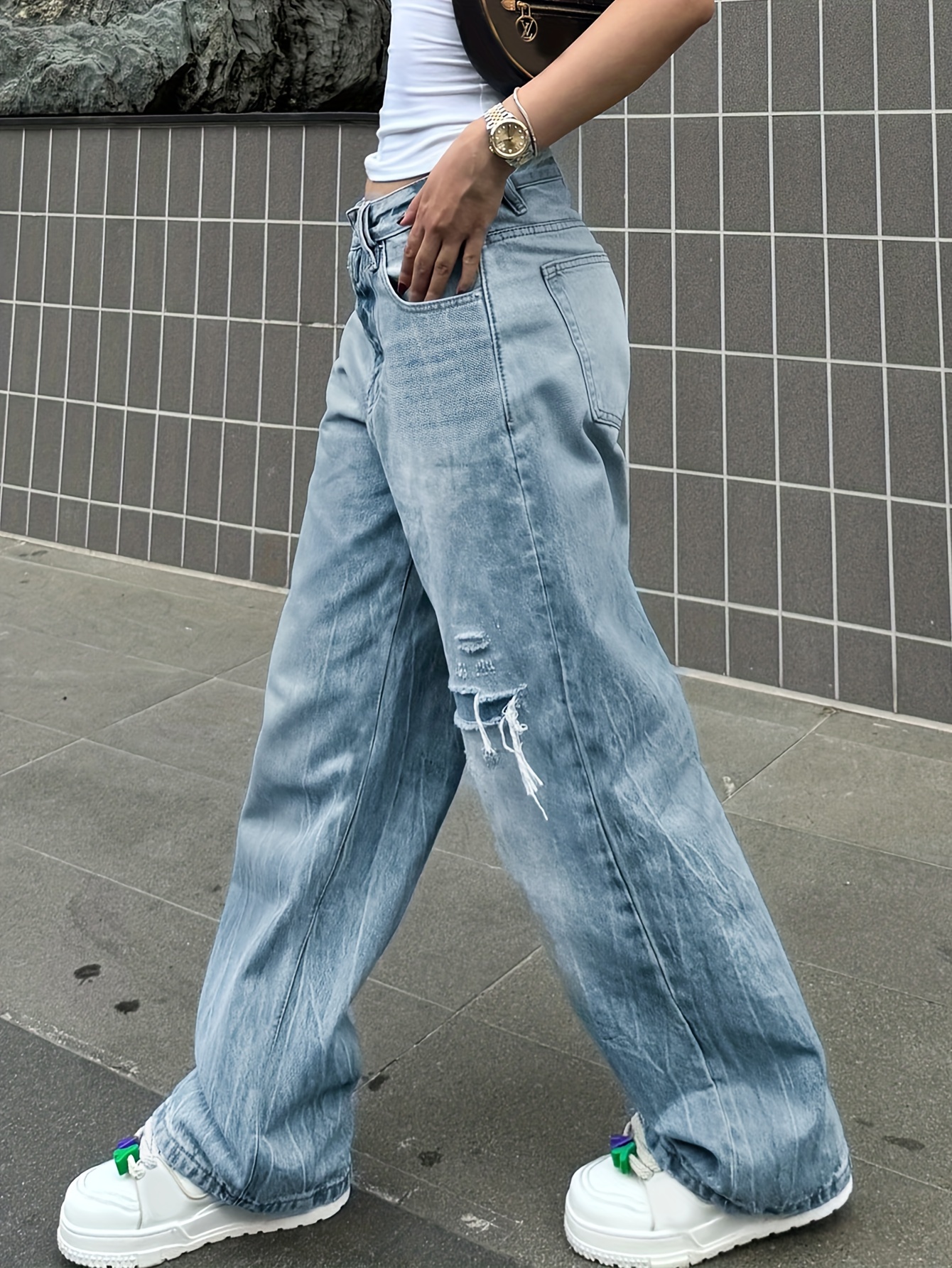 NVFelix Damen High-Waist Denim Jeans, KS519 Vintage Washed Blue  Straight-Leg Hose, Casual Loose Fit Wide-Leg Lange Hosen, Kein Gürtel,  Einfarbig,