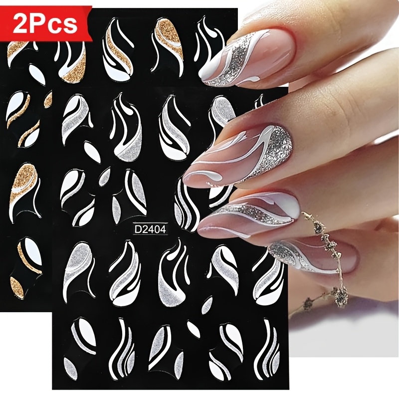 Image of 2pcs Silvery Glitter Stripe Nail Art Stickers, 3d Nail Decals Stripe Swirl Line Nail Design, 3d Self-adhesive Golden Transfer Slider Nail Art Decoration Nail Art Supplies Nail Stickers Diy For Women &