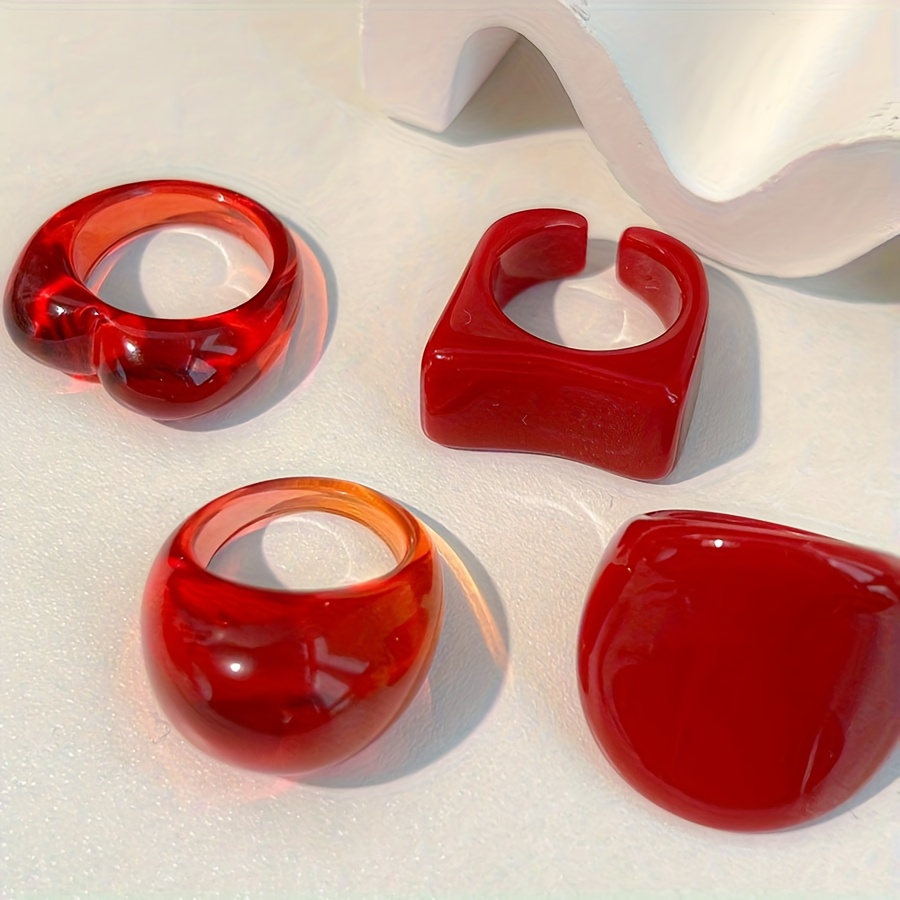 TEMU Set anelli rossi eleganti e sexy con rosse, design a forma di lucchetto, set di anelli con motivo geometrico facile da indossare, versatile i ,
