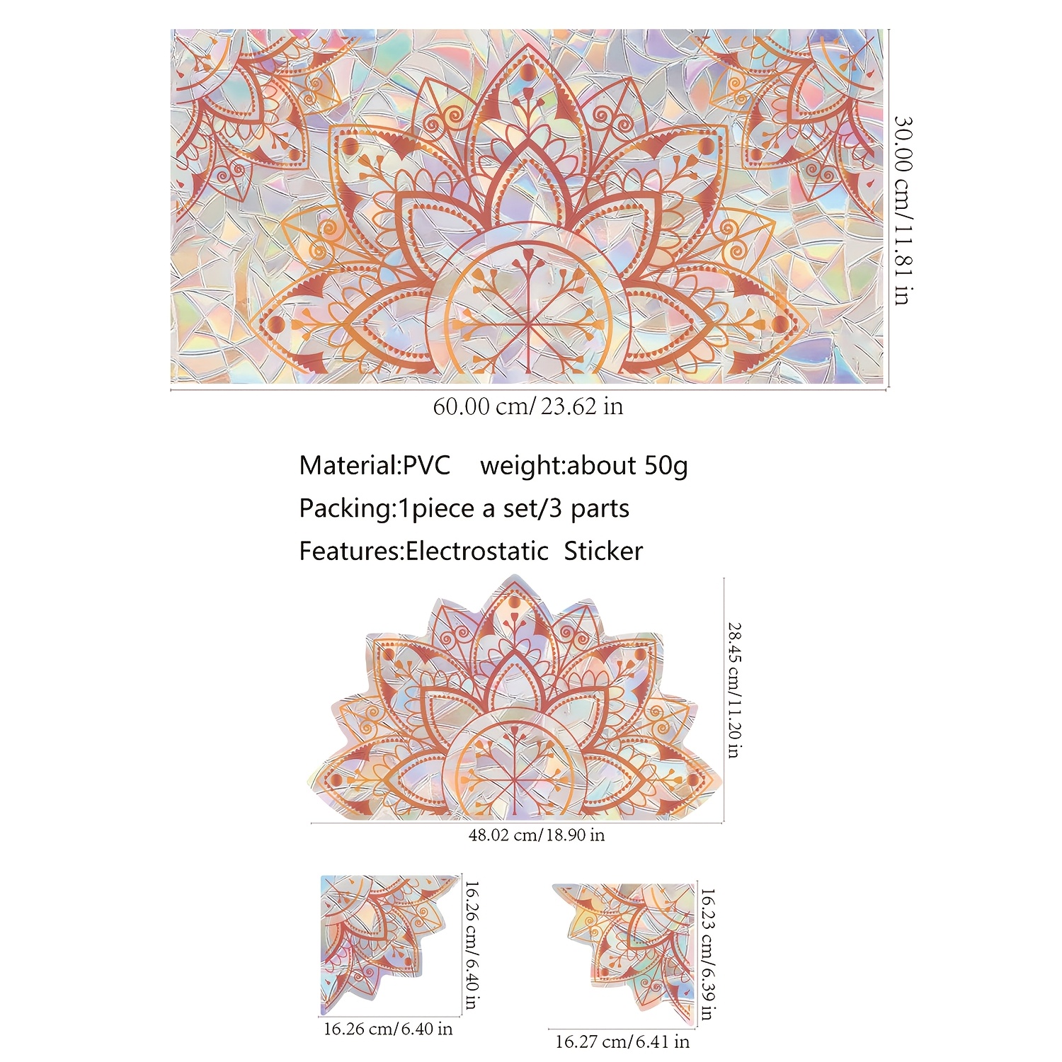 Large Mandala Window Decorations For Glass Surfaces, Featuring Flower Designs. Static Cling Stickers Help Prevent Bird As Sun Catchers With Rainbow Effects