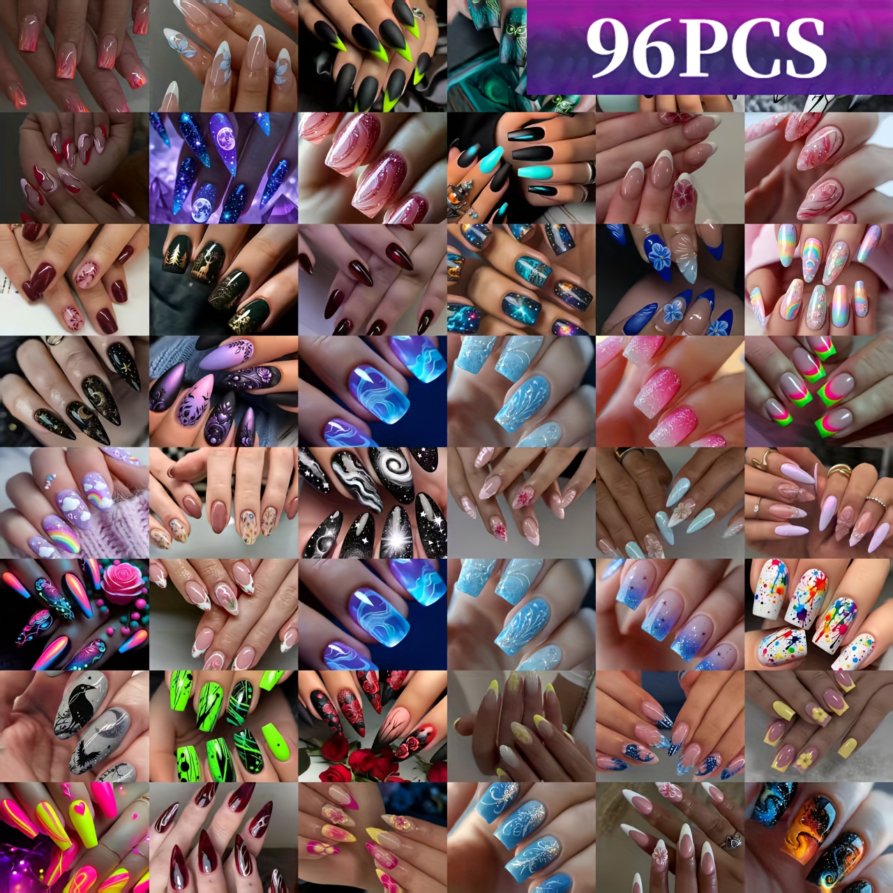 TEMU A Set Of 96pcs At Random, Featuring A Of Nail Shapes, Styles, Patterns, Animals, Flowers, And Of Wearable Nails, Perfect For Travel, Weddings, And Parties As Press-on False Nails