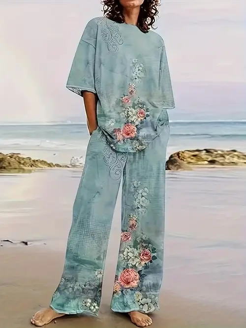 plant flower retro casual comfortable short sleeved trousers two piece suit for women