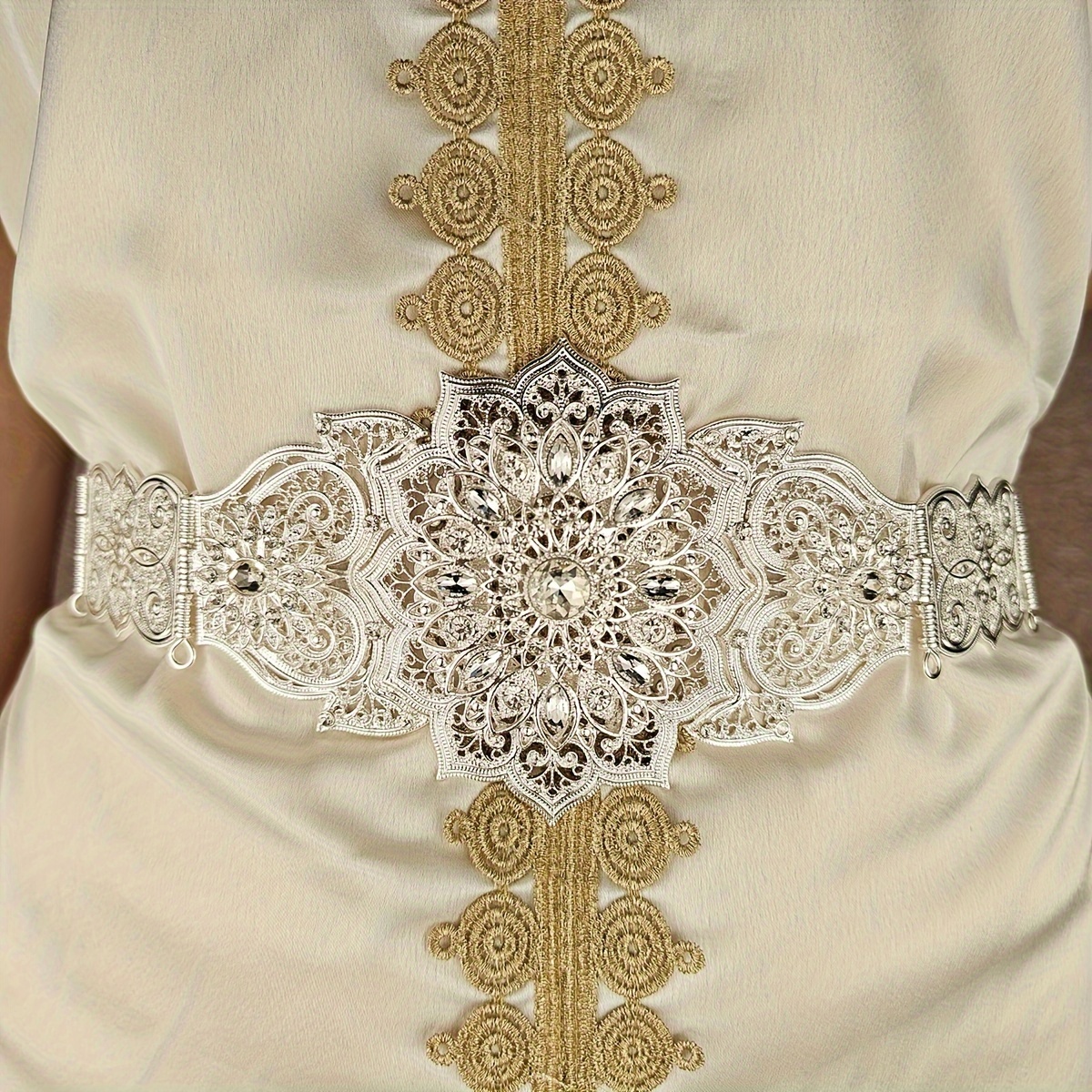 slim fit dress slacks Circe Reversible Blue Sash Belt in Blue and Embellished with Jewels and Gold main image 0