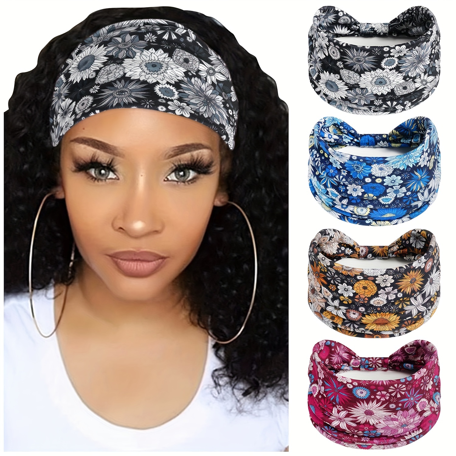 

Set Of 4 Women's Floral Print Headbands - Bohemian Style Polyester Elastic Wide Hairbands With Daisy & Flower Patterns For Daily Wear