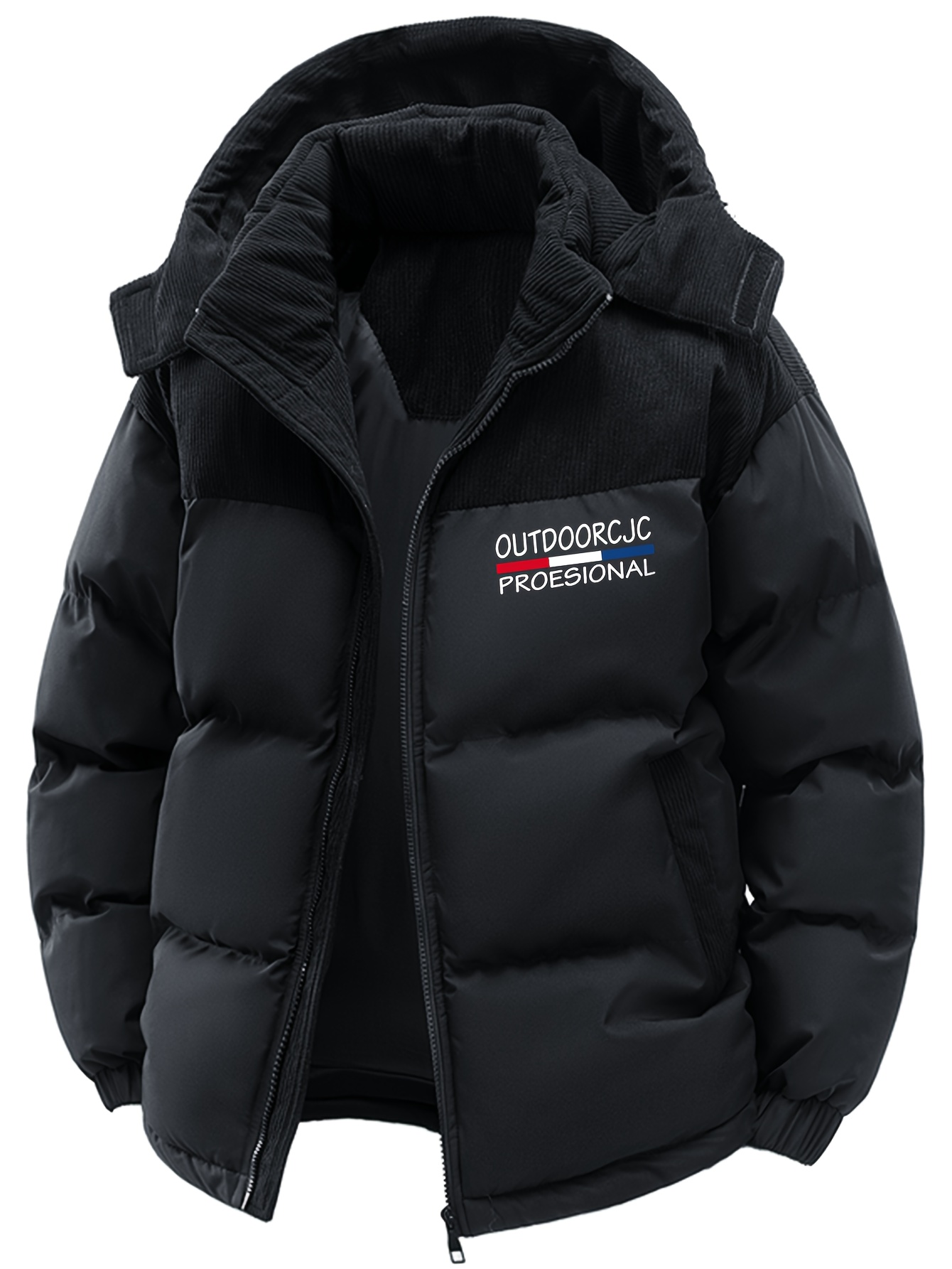 Men's Windproof Winter Jacket with Detachable Hood & Patchwork Design