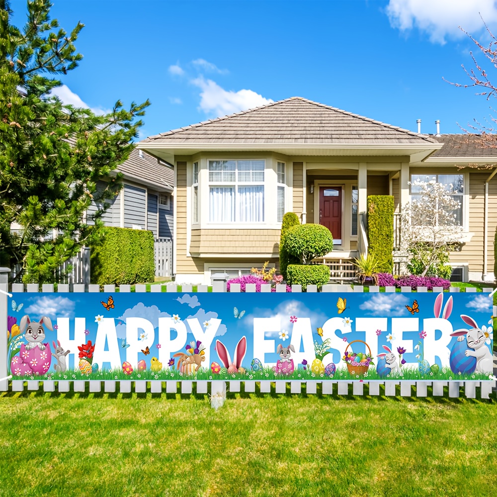 

1pc Easter Bunny Polyester Banner, 118" X 19.6" Yard Sign, Multipurpose Outdoor Decorative Flag For , Balcony, Spring Celebration, No Electricity Needed