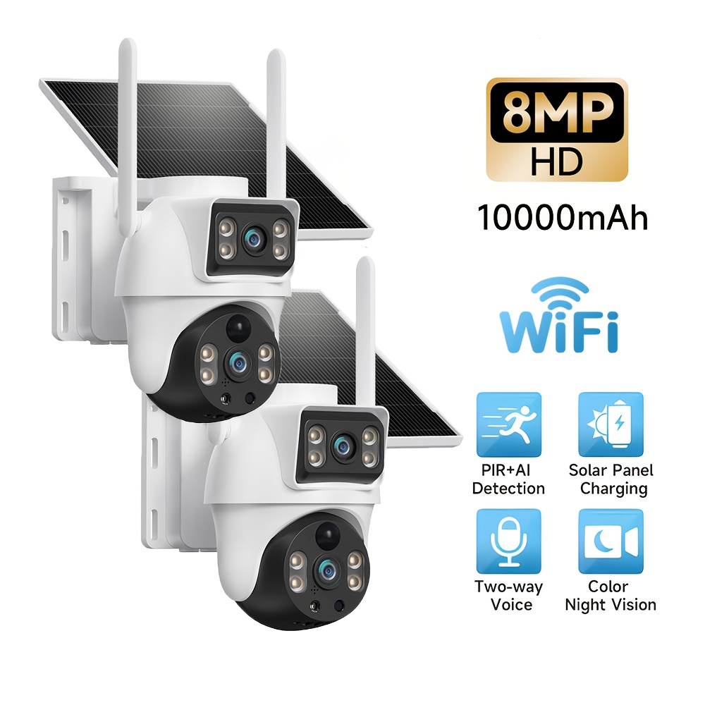 TEMU 2pcs 8mp Outdoor Wifi Solar Dual Lens Camera, Motion Detection, 2 Way Audio, Night Vision, Alarm Push, Support 2.4ghz Network
