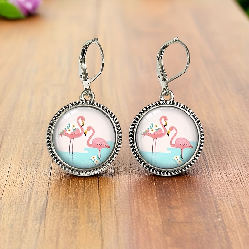 TEMU A Pair Of Vintage Round Glass Earrings Featuring Summer Flamingos, Without Battery