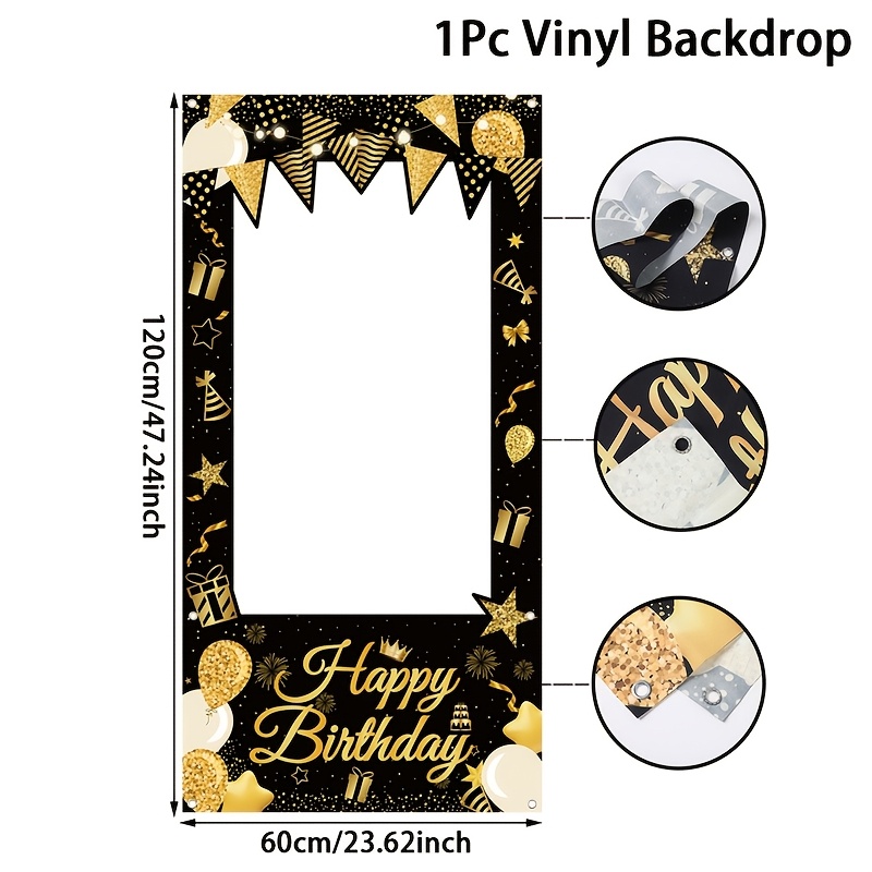 1pc, Happy Birthday Vinyl Backdrop Photo Frame, 60 X 120cm, Black Birthday Backdrop Photo Frame, Adult Birthday Party Decor, Birthday Party Background Decoration, Happy Birthday Gifts, Party Favor