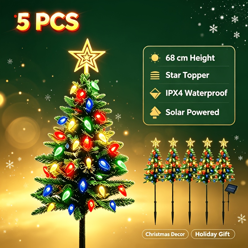 TEMU 5pcs Solar Simulation Christmas Tree Lights, Colorful Led Lights, Waterproof, Solar Auto Charging, For Garden Lawn Pathway Porch, Christmas