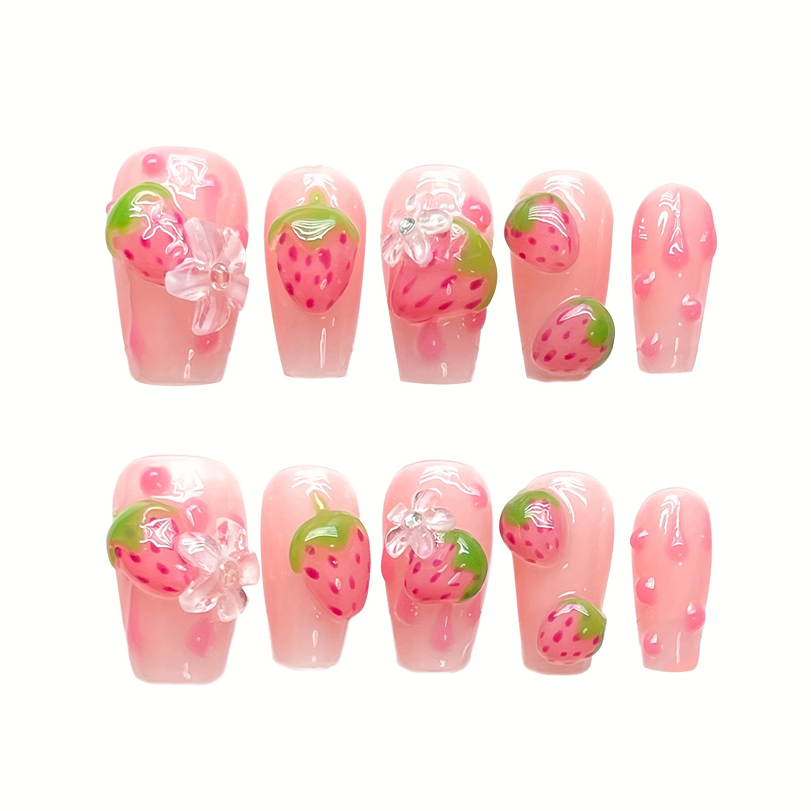 TEMU 10pcs Handmade Square Press On Nails French Press On Nails Coffin Pink Fake Nail Strawberry Decor Sweet Artificial Nail For Women Manicure Nail Decoration