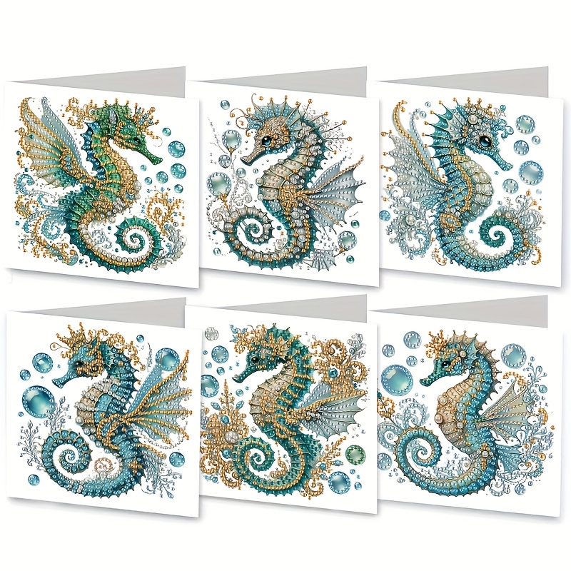 TEMU 6 stuks DIY 5D Diamant Schilderij Wenskaart Set - Prachtig Zeepaardje , Unieke Onregelmatige Vorm Acryl Diamanten, Handgemaakte Glanzende Kaart