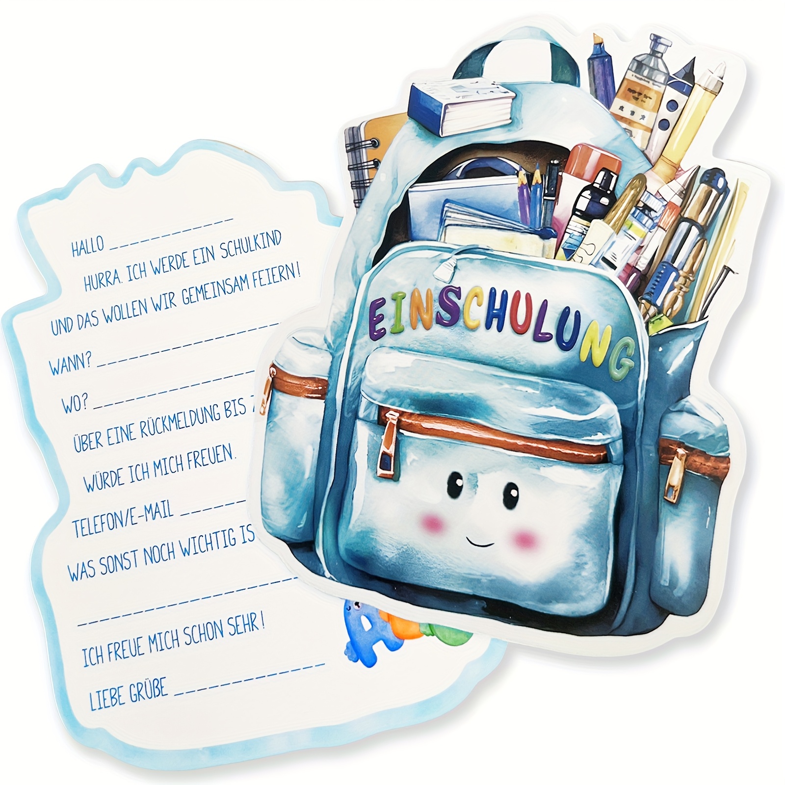 Set Of 12 School Invitation Cards Blue/pink – Back To School Party Invitations In Cute School Bag Design For First Day Celebrations, Classroom Decorations, And Themed Parties