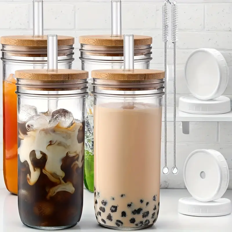4pcs glass cup set with wooden lids straws bpa free reusable drinking jars for coffee tea and beverages ideal for outdoor parties gifts christmas essential cup accessories Product details 0