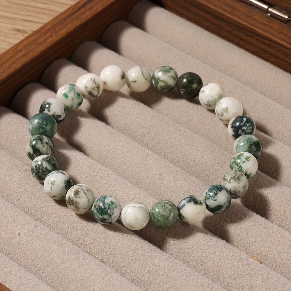 Natural Stone Moss Agate Bracelet Unisex Versatile Clothing Handmade Beaded Bracelet Gift For Girlfriend Sister Elders 8mm Round Green