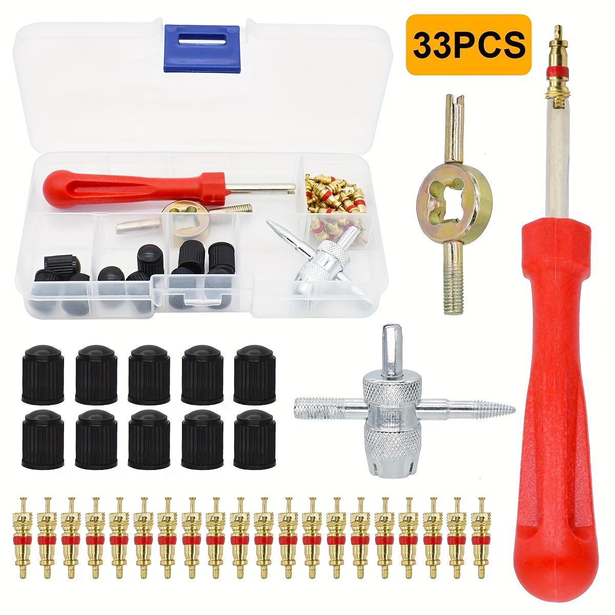 

33pcs Tire Valve Repair Tool Kit With Stem Cores, Cap Remover, And 4-way Valve Tool For Car, Motorcycle, And Bicycle