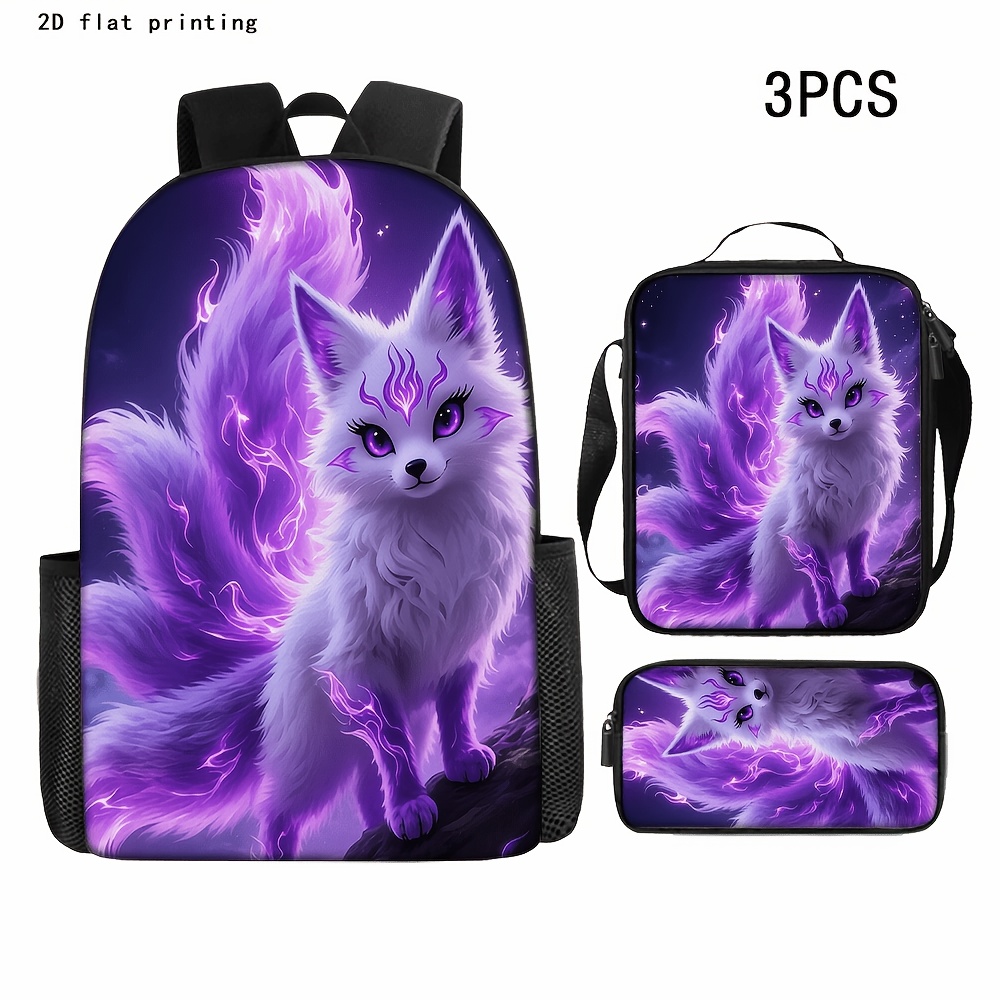 TEMU 1/2/3 pièces Sac à dos Renard Esprit Flamme Violette de Style Chinois, Impression 2D à Plat, Sac à Dos Tendance Grande , Trousse à Crayons, Sac