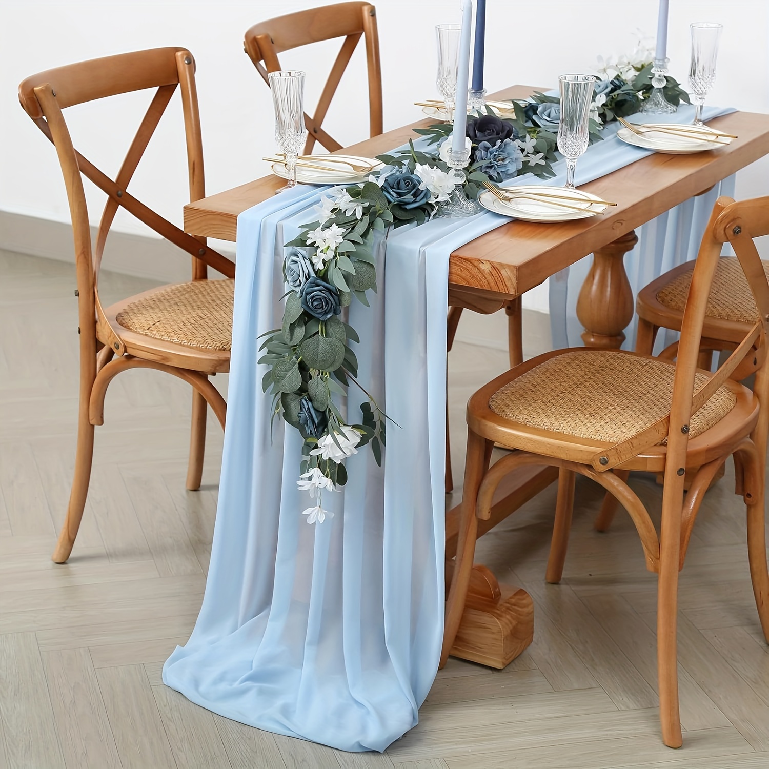 

2-piece Sky Blue Chiffon Table Runner Set, 27x120 Inches - Perfect For Romantic Weddings & Festive Parties