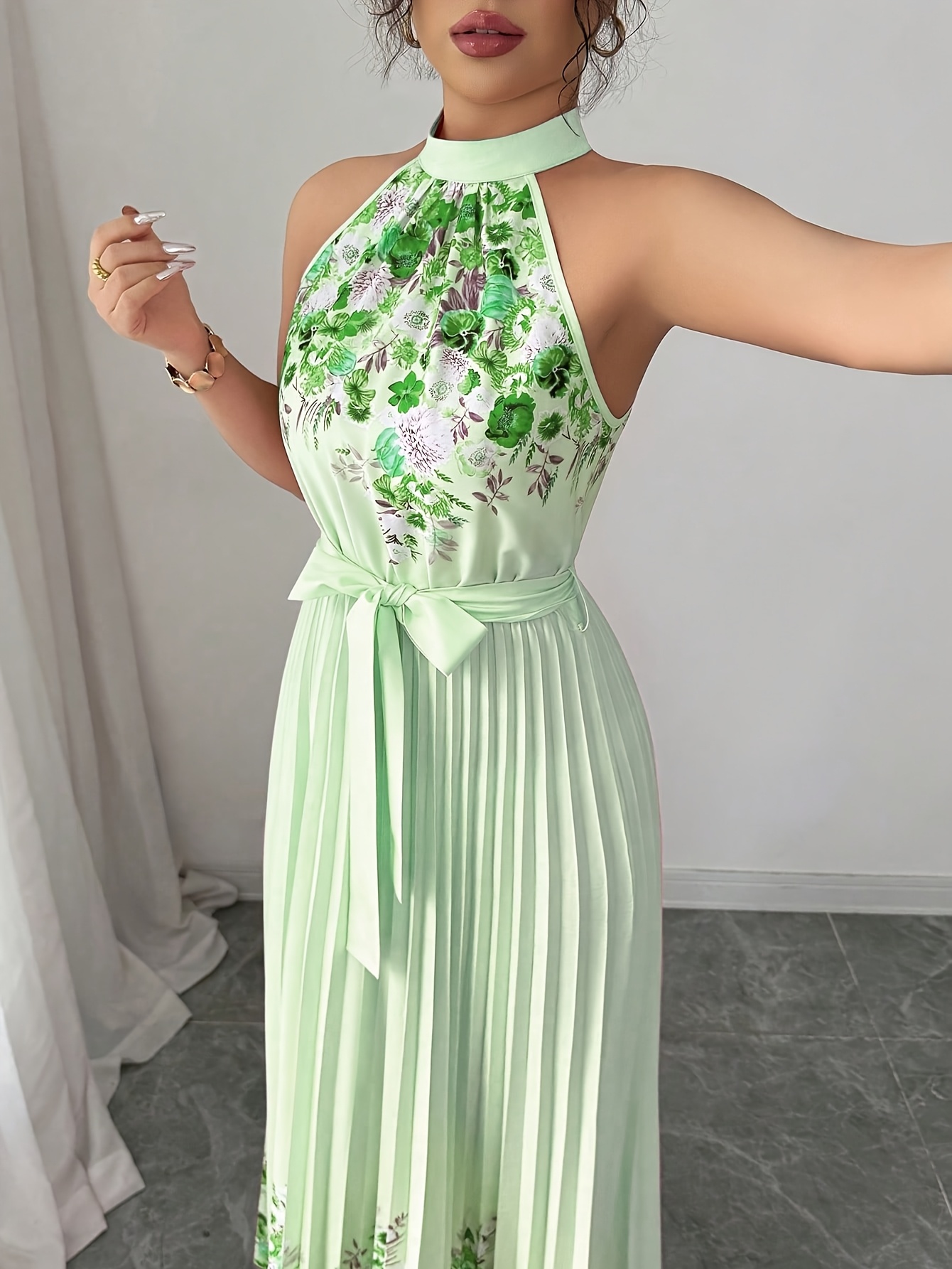 Fashionable New Women'S Summer Halter Floral Print Pleated Dress