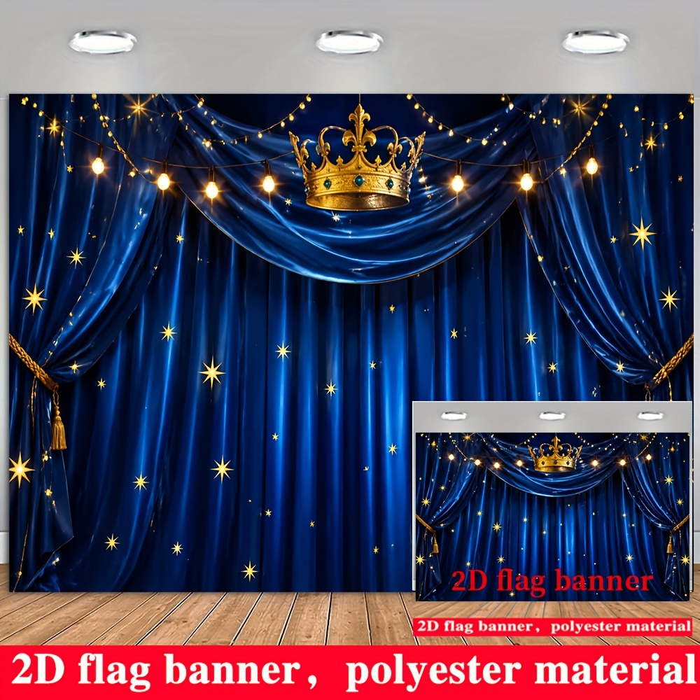 TEMU 2d Flat Banner, 2d Flat - 1pc 2d Banner Royal Blue Curtain Crown Theme, With Golden Stars And Warm String Lights, Made Of Polyester Material, No