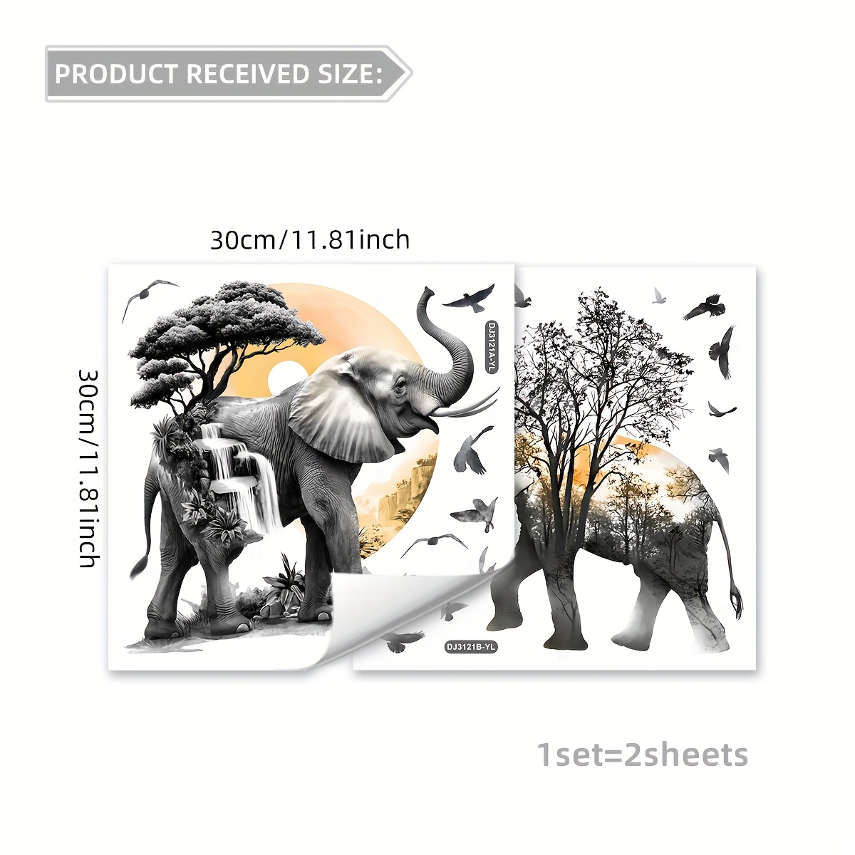 A Set Of 2 (30 * 30cm * 2pcs) Elephant Woods Silhouette Birds Window Home Decoration Glass Stickers Static Cling Double-sided Visual Pattern (dj3121a + Dj3121b-yl)