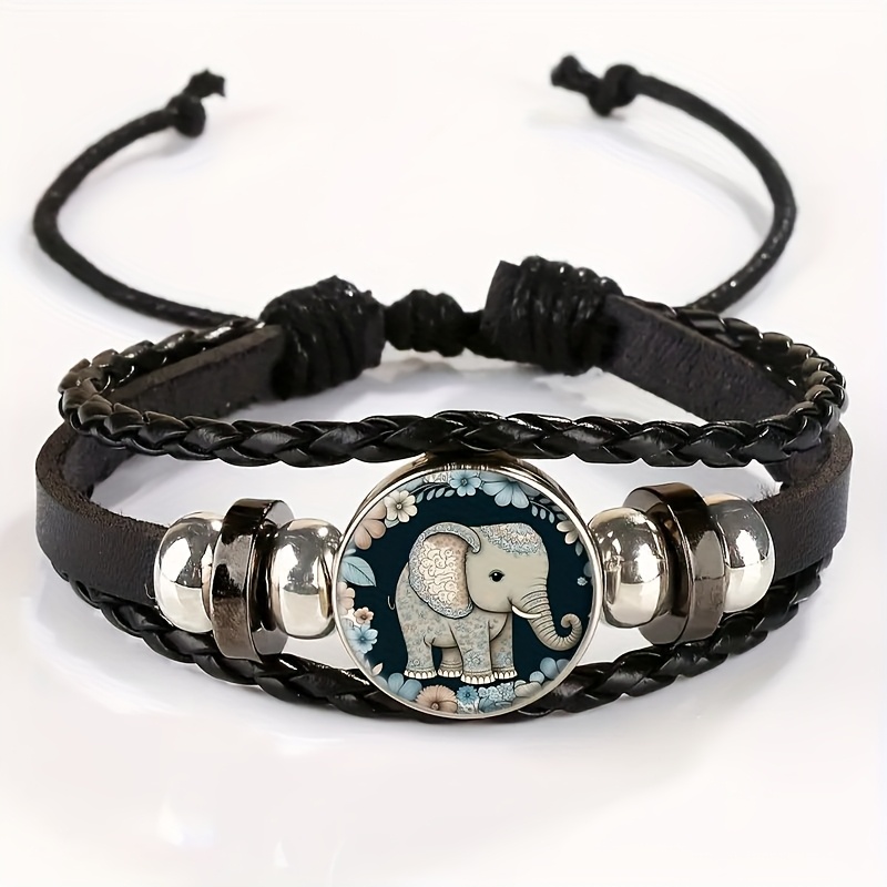 TEMU Adjustable Vintage Bracelet With Decorative Elephant Pendant Surrounded By Flowers - Stylish Black Leather Wristband, Daily Wear Or Gifting, For Teenager