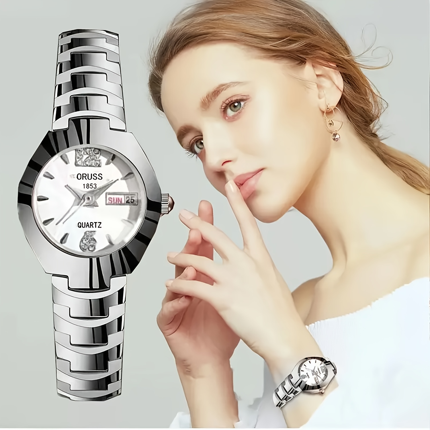 TEMU Luxury Women's Watch Stainless Steel Quartz Strap Date Window - Elegant Dress Accessories For Women
