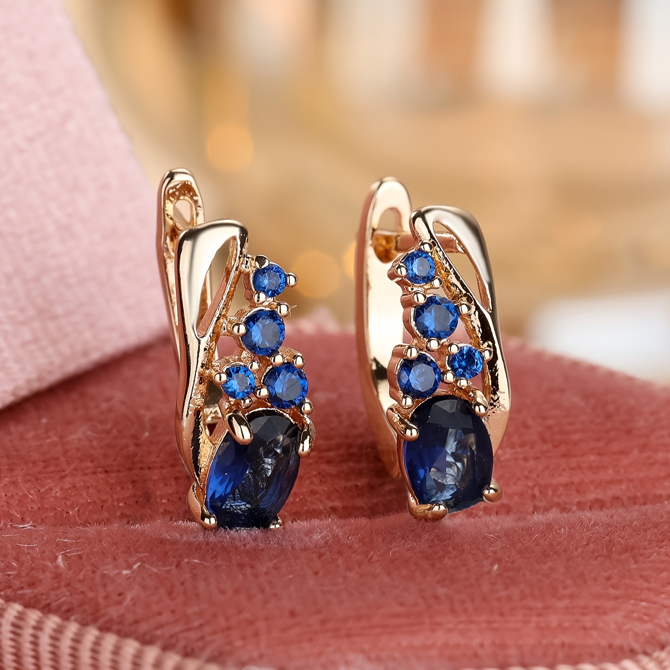 

Elegant Blue Earrings, Women' Golden Color Vintage Jewelry, Copper With Zirconia Accents, Earrings For Women