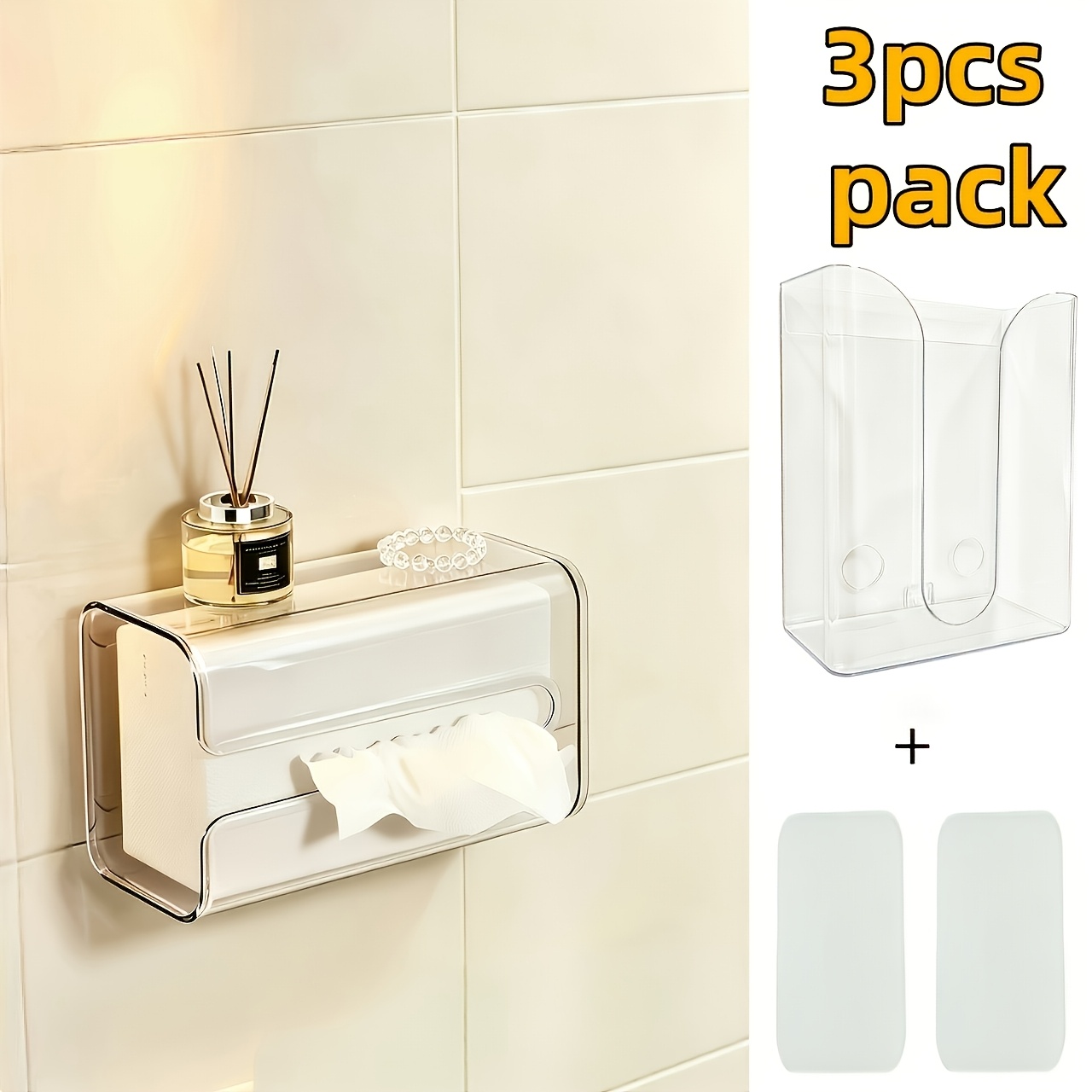 TEMU 3pcs Set: 1 Tissue Box   2 Adhesive Pads. Upgraded Thickened Version, , No-drill Wall-mounted Tissue Box With Invisible Adhesive Pads. Acrylic