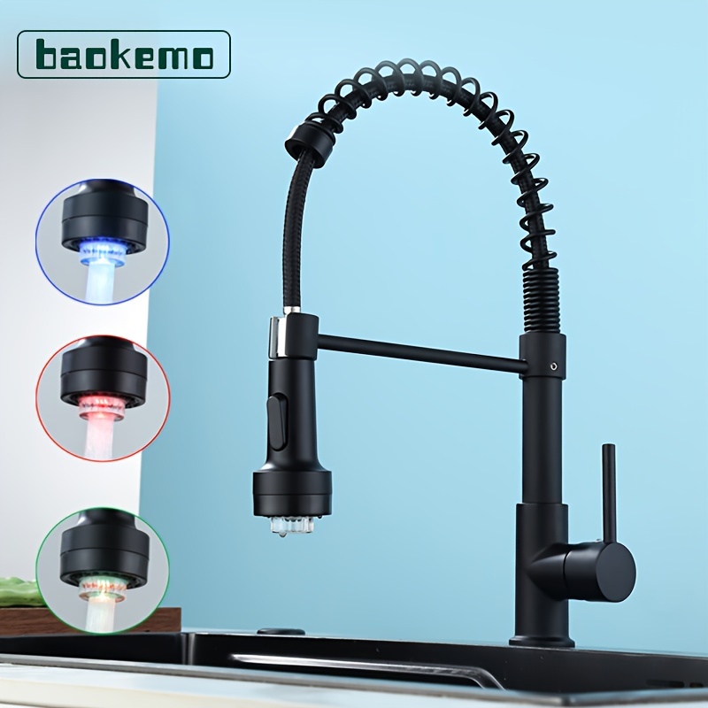 

1pc Pull Out Kitchen Faucet Sprayer With Led, Single Handle Spring Kitchen Sink Faucet With A Pair Of Water Inlet Pipe G9/16