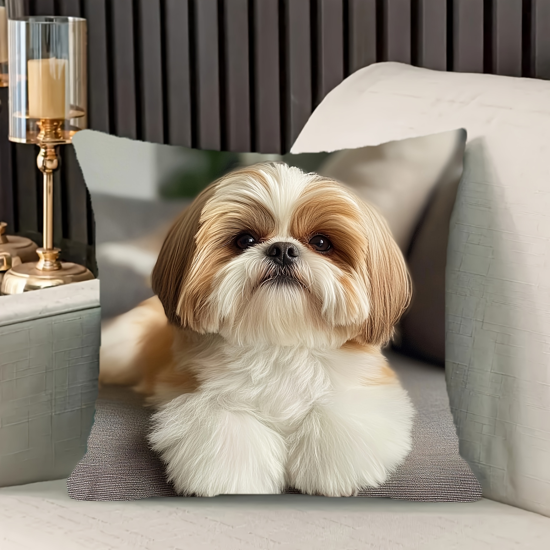 TEMU 1pc Cute Shih Tzu And Pattern, 17.7*17.7 Inch, Short Plush Pillowcase, Machine Washable, Suitable For Living Room, Sofa, Bedroom Decoration -