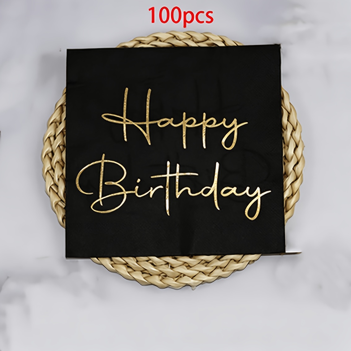 Image of 100pcs Black And Golden "happy Birthday" Napkins Includes And Standard-sized Napkins; Features Golden-foil Detailing, Suitable For Birthday Parties, Anniversaries, And Halloween Table Decorations.