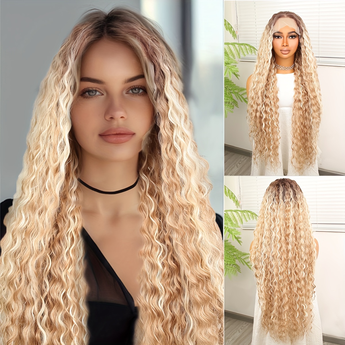 Elegant Synthetic Fiber T-Shaped Lace Wig, 81.28 cm Long, Deep Wave, Multi-Color, All-Side Display, High-Quality, Soft, Beginner-Friendly, Natural Look, Heat Resistant, for Women and Girls