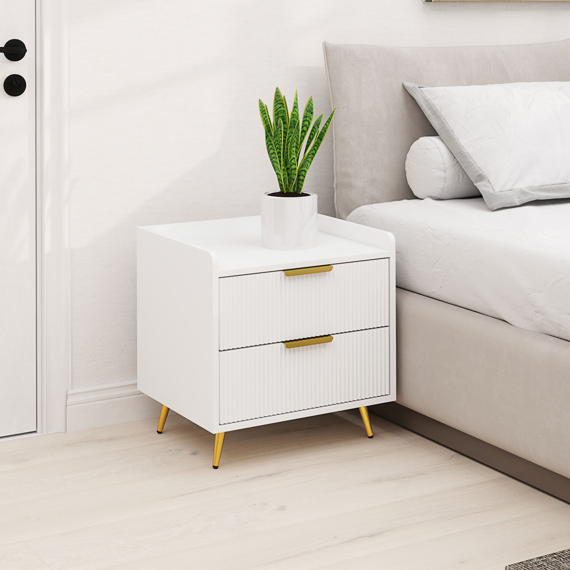 TEMU Homcom Modern White Bedside Table With 2 Drawers, Space-saving Nightstand With Golden- Hardware, Wood Construction, For Bedroom & Living Room,