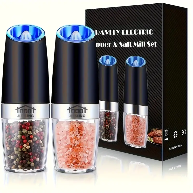 2pcs gravity powered electric salt and pepper grinder battery powered led handed automatic operation adjustable coarse grinder grinder black rocking chair gadget gift battery powered Product details 1
