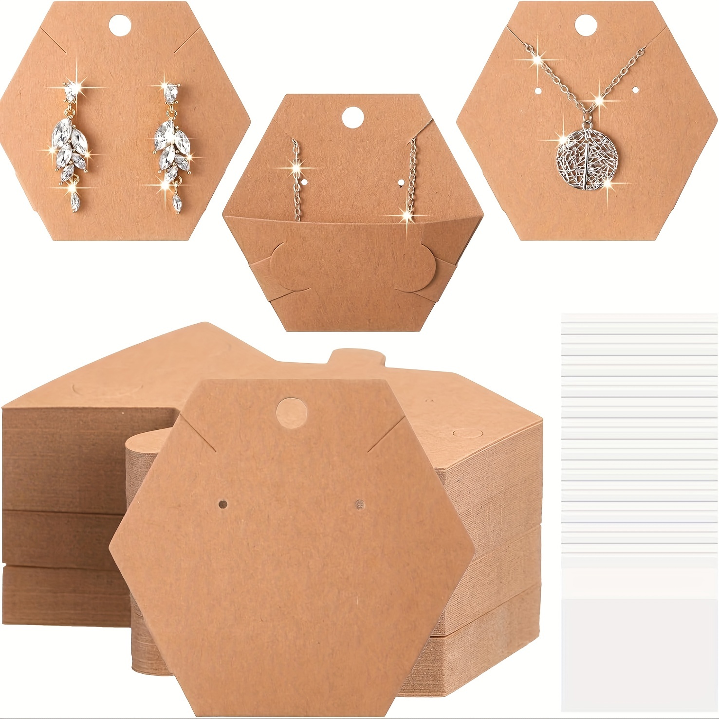 

100pcs Set Earring Display Cards Necklace Display Cards With 50pcs Clear Bags And 50pcs Hexagon Shape Fold Jewelry Display Cards Kraft Paper Earring Card Holder For Selling Jewelry Packaging Supplies