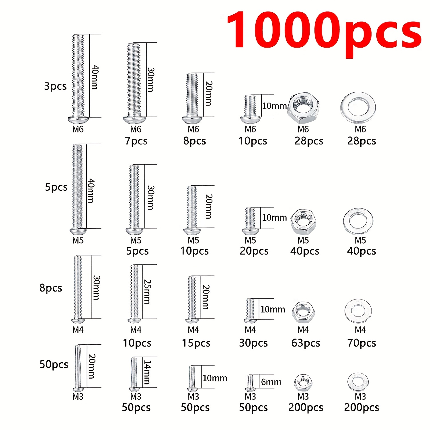 1000 piezas, juego de tornillos, pernos y tuercas, tornillos y tuercas métricas y fregaderos planos, juegos de pernos con cabeza redonda cruzada y ranurada M3/M4/M5/M6 - Imagen 3