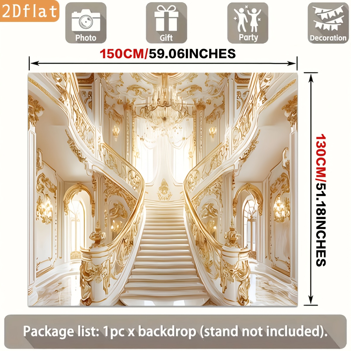 Golden Ornate Staircase White Marble Chandelier Backdrop Banner for Parties