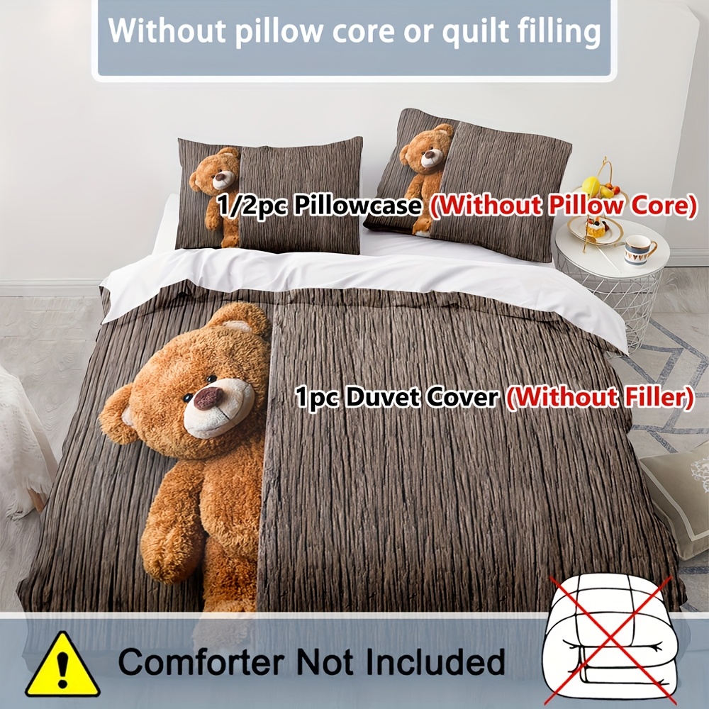 2/3pcs Set, Wooden Pattern Teddy Bear, Bedding, Digital Printing Duvet Cover Set, Zipper Design, Machine Washable (1 Duvet Cover + 1/2 Pillowcases, No Filling)