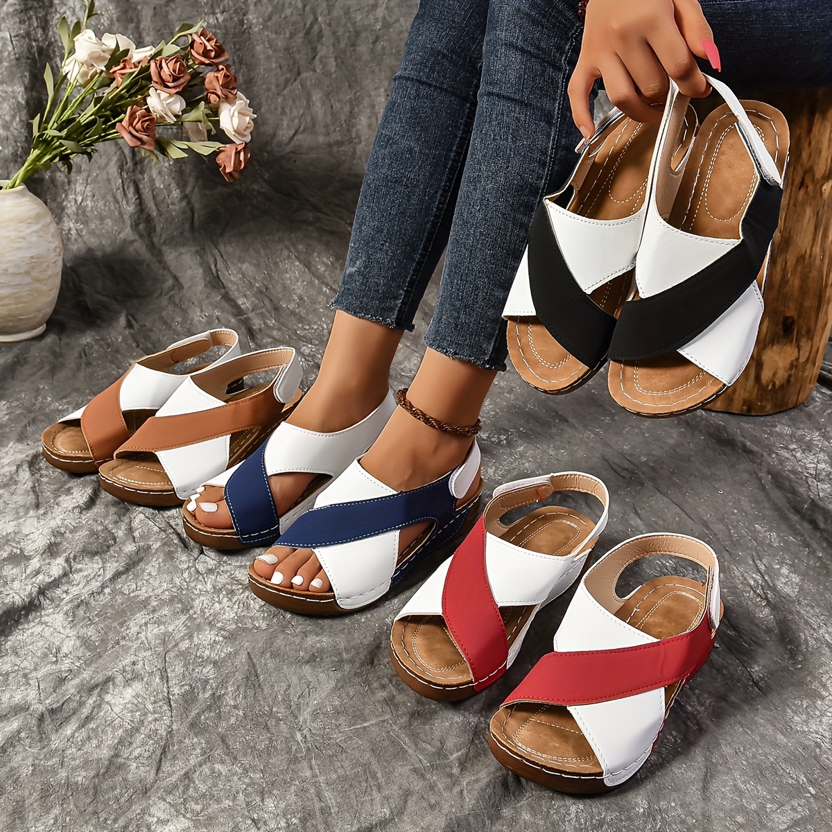 Women's Contrast Color Casual Sandals, Crisscross Bands Platform Soft Sole Walking Shoes, Comfort Wedge Vacation Shoes