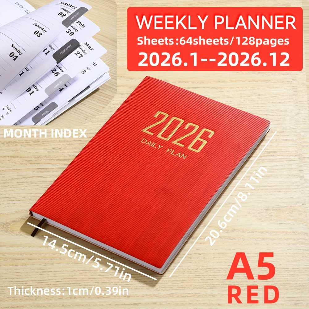 TEMU 1 A5 2026 English Agenda, 64 Sheets 128 Pages Thin Weekly Calendar, Pu Cover, Inner Pages Include , , Monthly Plan, Weekly Plan, 365-day Daily