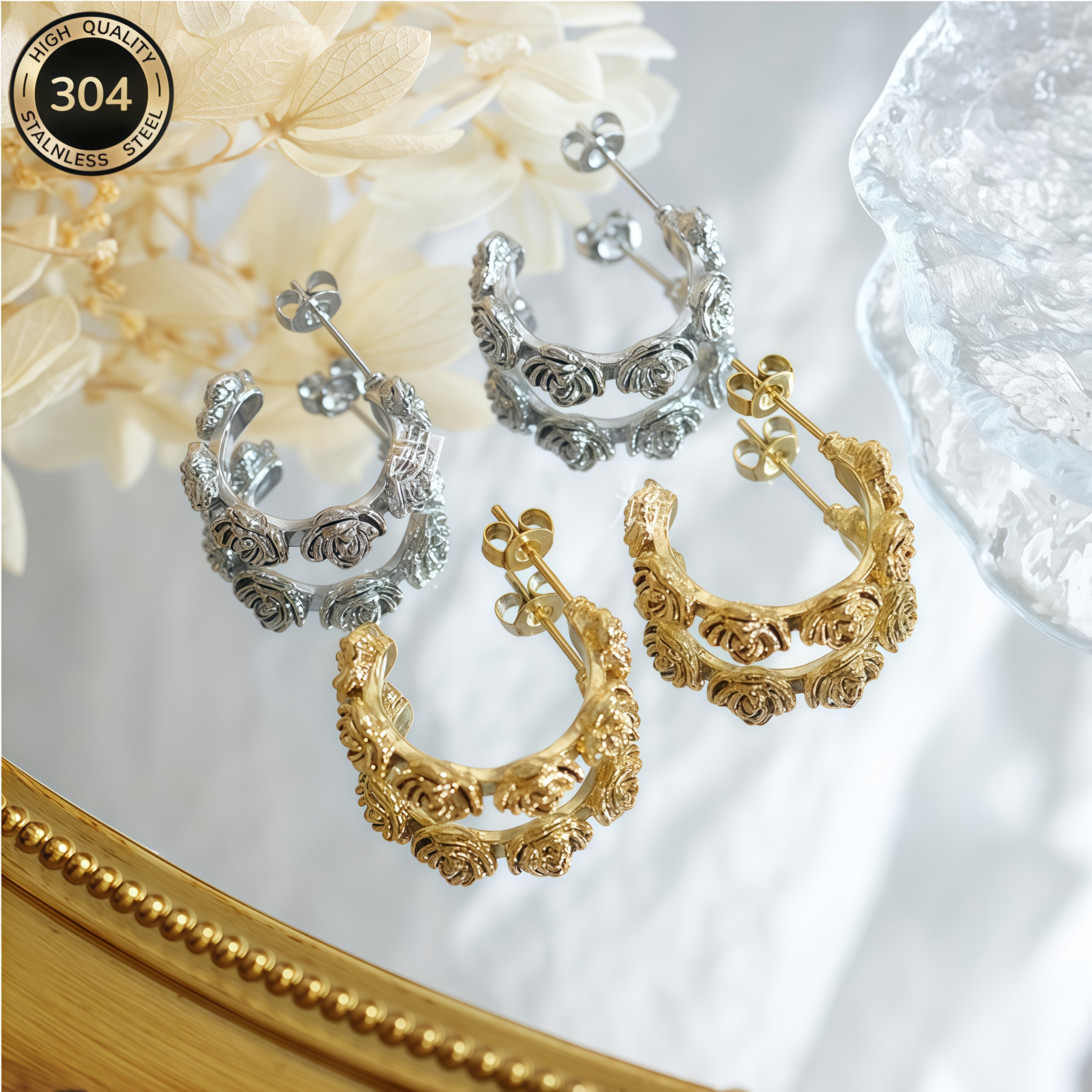 Women's 18K Gold Plated 3D Rose Wreath Hoop Earrings