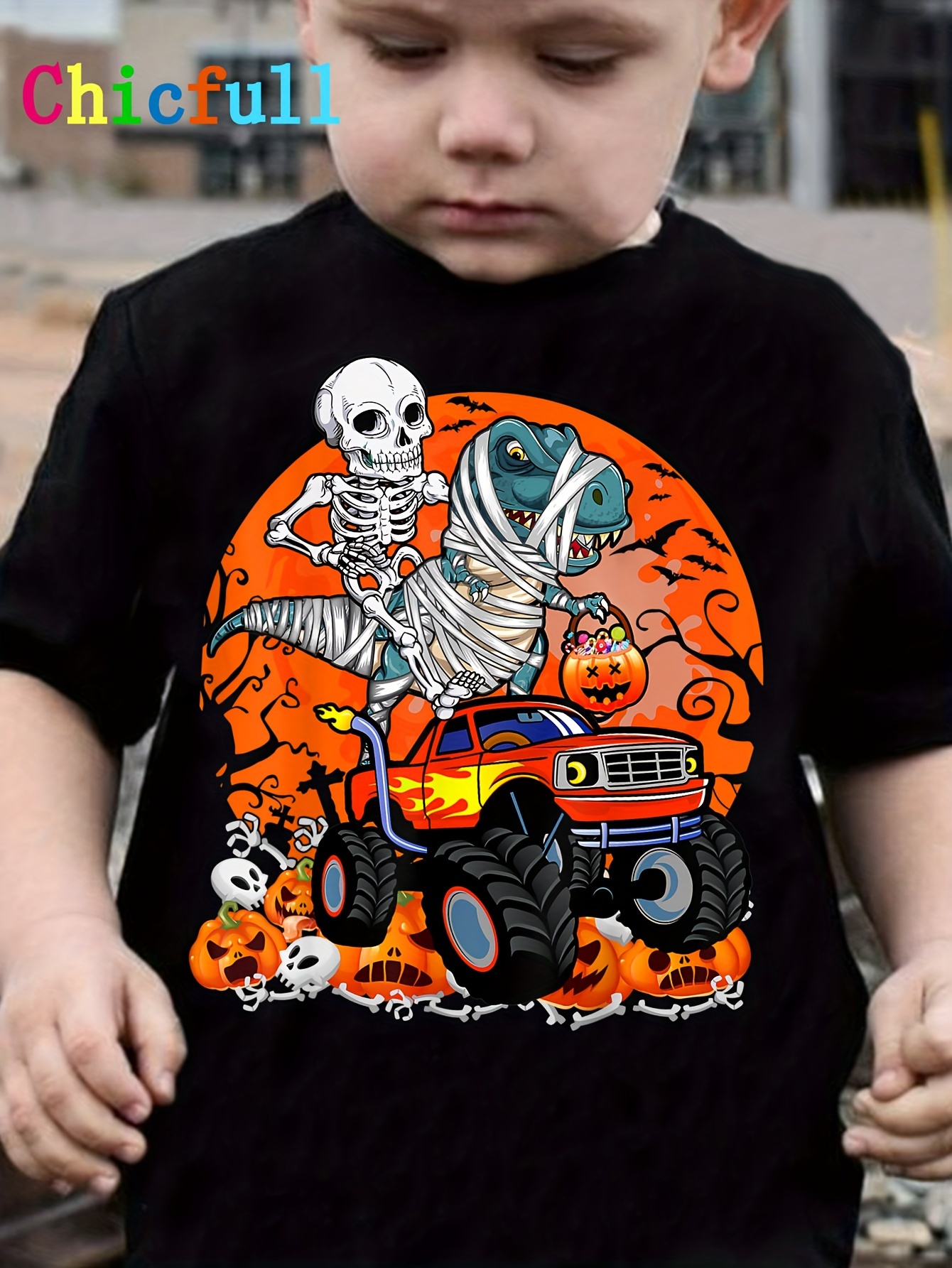 camiseta niños temática halloween estampado esqueleto Temu Uruguay