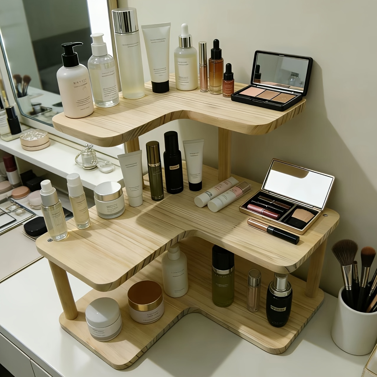 TEMU Solid Three-tier Shelf, Makeup Table Corner Storage Rack Or Desktop L-shaped Tiered Shelf, Standing Shelf
