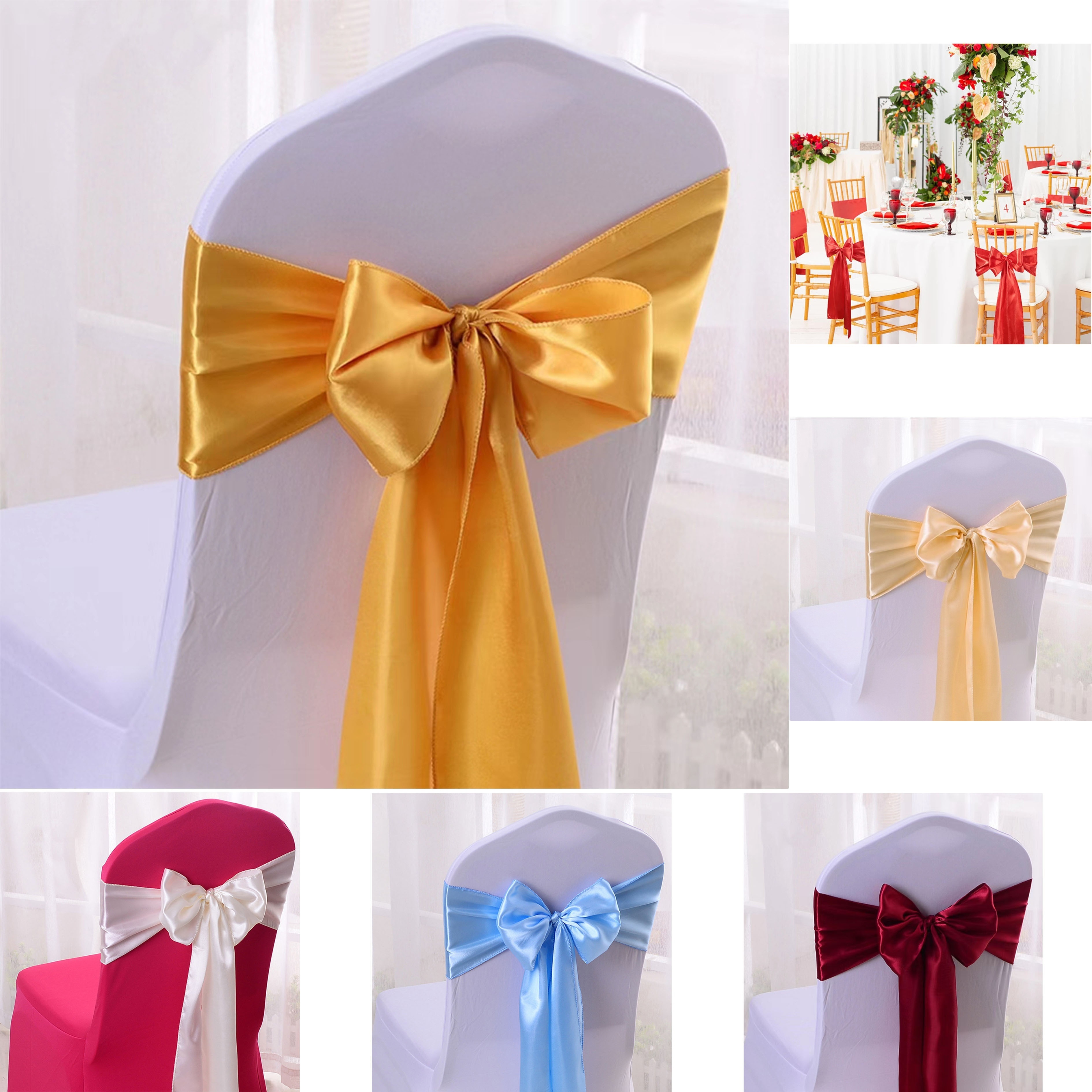 WASIRL Satin Chair Sashes Bows 50 Pcs Chair Ribbon Sashes For Wedding Party Reception Events Banquets Hotel Event Chairs Decoration(Gold