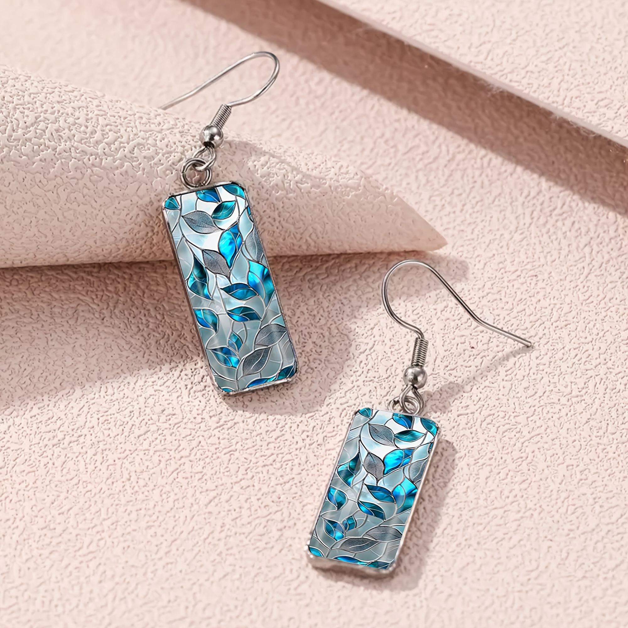 Blue Simulated Stained Glass Leaf Pattern Long Earrings