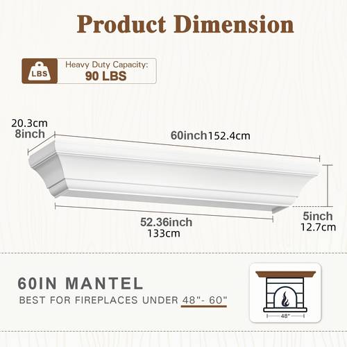 60 inch solid wood fireplace mantel shelf heavy duty mantel with invisible brackets wide fireplace mantel for fireplace installation great room heatsuit compatible firewood display