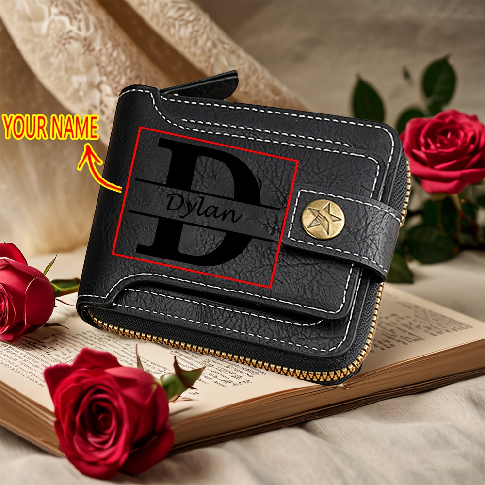 

1pc Engraved Men' With Initial Monogram, Personalized Black Leather Card Holder With Snap Closure, Ideal For Birthday, Anniversary, Valentine's, Father's Day, Christmas, New Year Gift