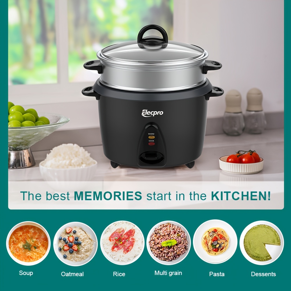 Elecpro Large Rice Cooker 10 Cups & 1.8L Uncooked | Cooks for 1-10 People, Glass Lid, Removable Food-Grade Non-Stick Pan, Aluminum Steamer for Soups, Stews, Grains, and Oatmeal