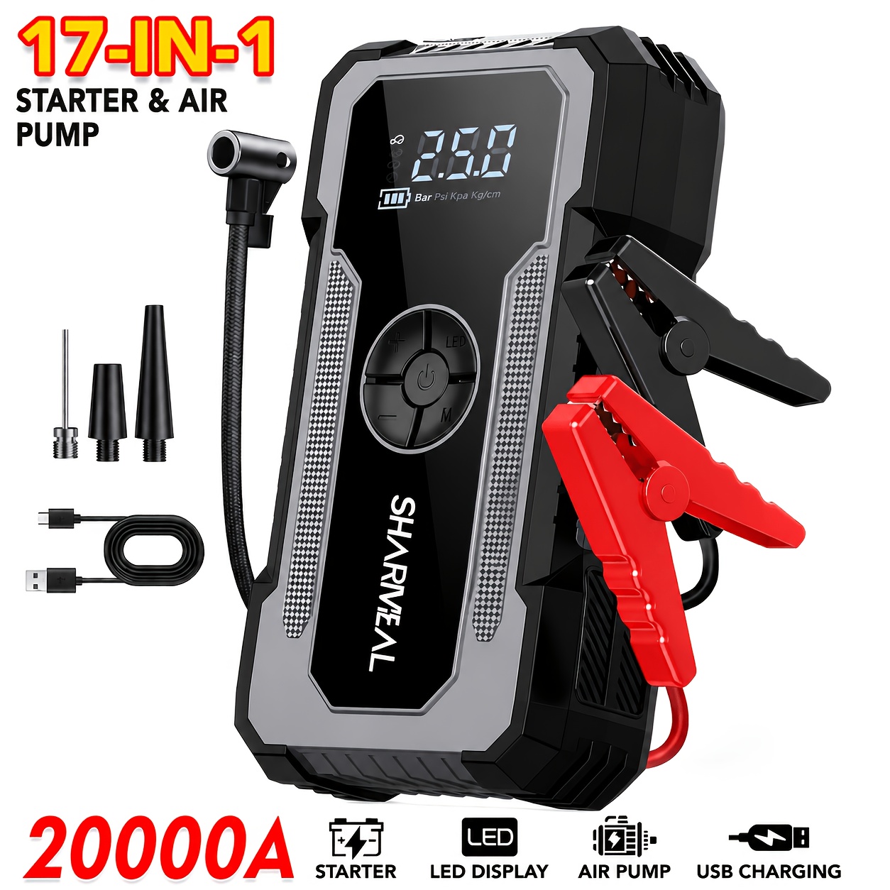 SHARMEAL 16000A/20000A 17-in-1 Portable Jump Starter with Air Compressor – 12V Car Battery Booster, Tire Inflator, Power Bank & LED Emergency Light for Gas & Diesel Vehicles — Zaynora Luxury Marketplace